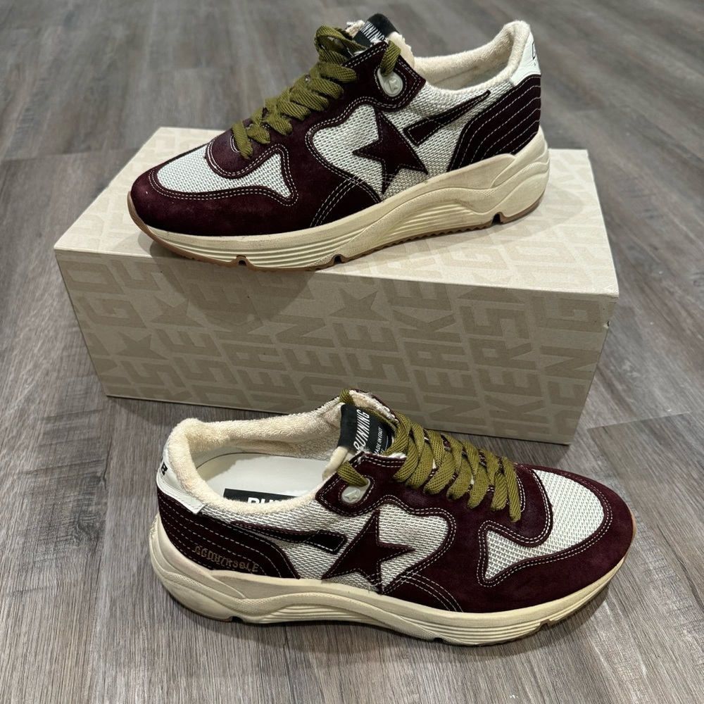 Golden Goose Running Sole Net Upper Shiny Suede Star Red Wine Silver Sneakers